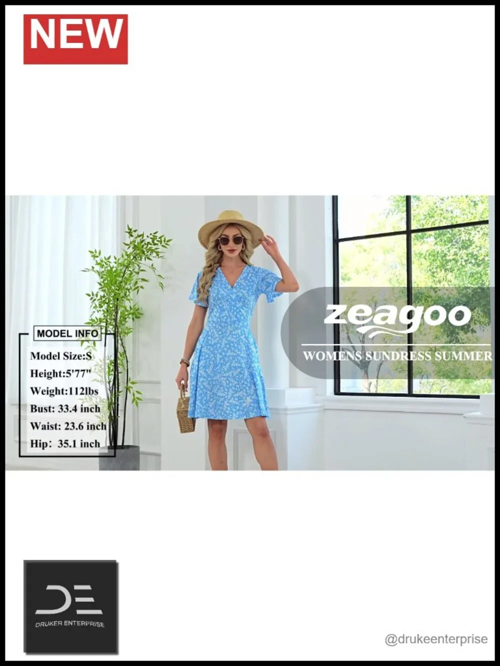 Wrap V Neck A-Line Ruffle Sleeve Sundress with Pockets Floral Print Knee-Length